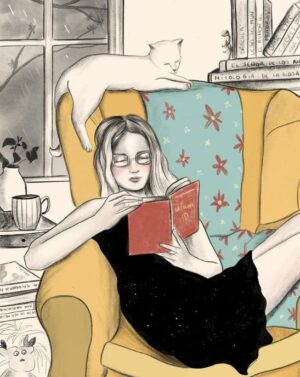 Mujer leyendo con gato